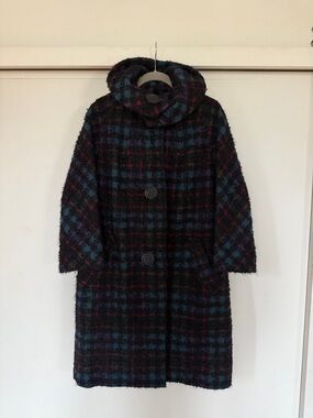 Womens Multicolor Plaid Wool Lined Vintage Trench Coat